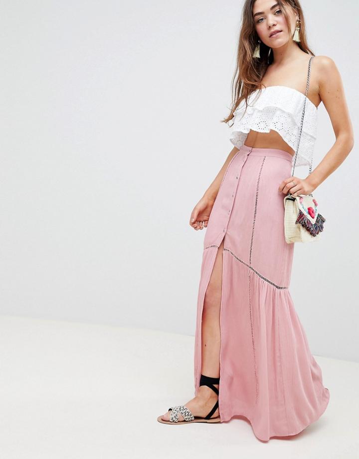 Asos Design Crinkle Maxi Skirt With Lace Trim Detail - Pink