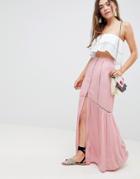 Asos Design Crinkle Maxi Skirt With Lace Trim Detail - Pink