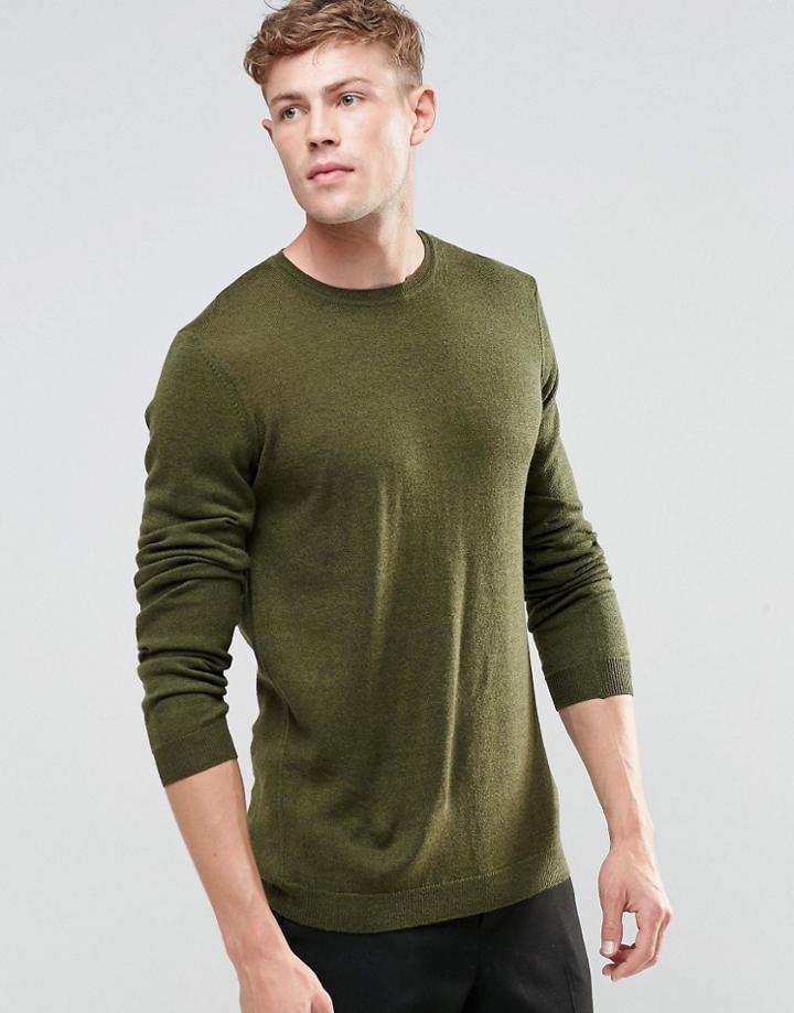Asos Crew Neck Sweater In Merino Wool - Khaki Twist