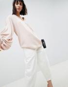 Asos White Deep V-neck Top With Ruched Sleeves - Pink
