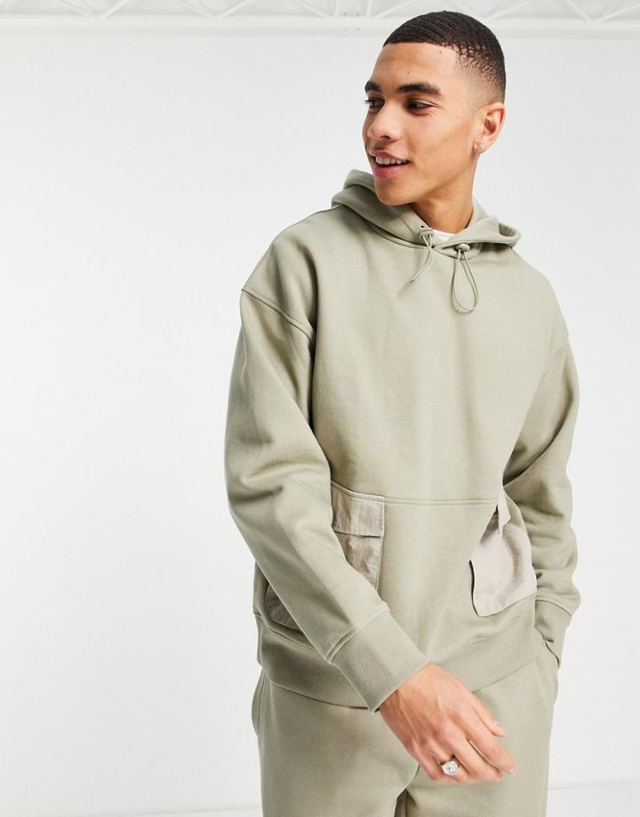 Topman Oversized Nylon Pocket Cargo Hoodie In Green - Part Of A Set-gray