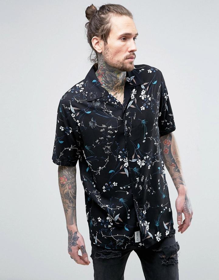 Roadies Of 66 Navy Floral Printed Reverie Collar Short Sleeve Shirt - Navy