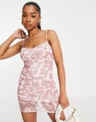 Miss Selfridge Mesh Ruched Side Mini Dress In Pink Blurred Animal