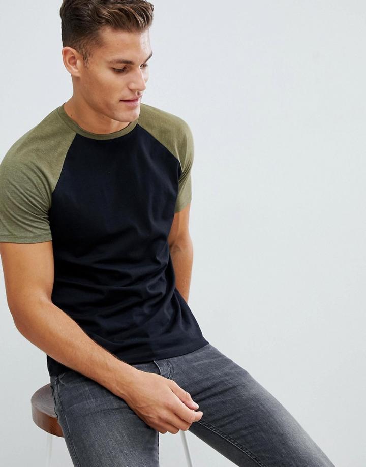 Asos Design T-shirt With Contrast Raglan In Black - Black