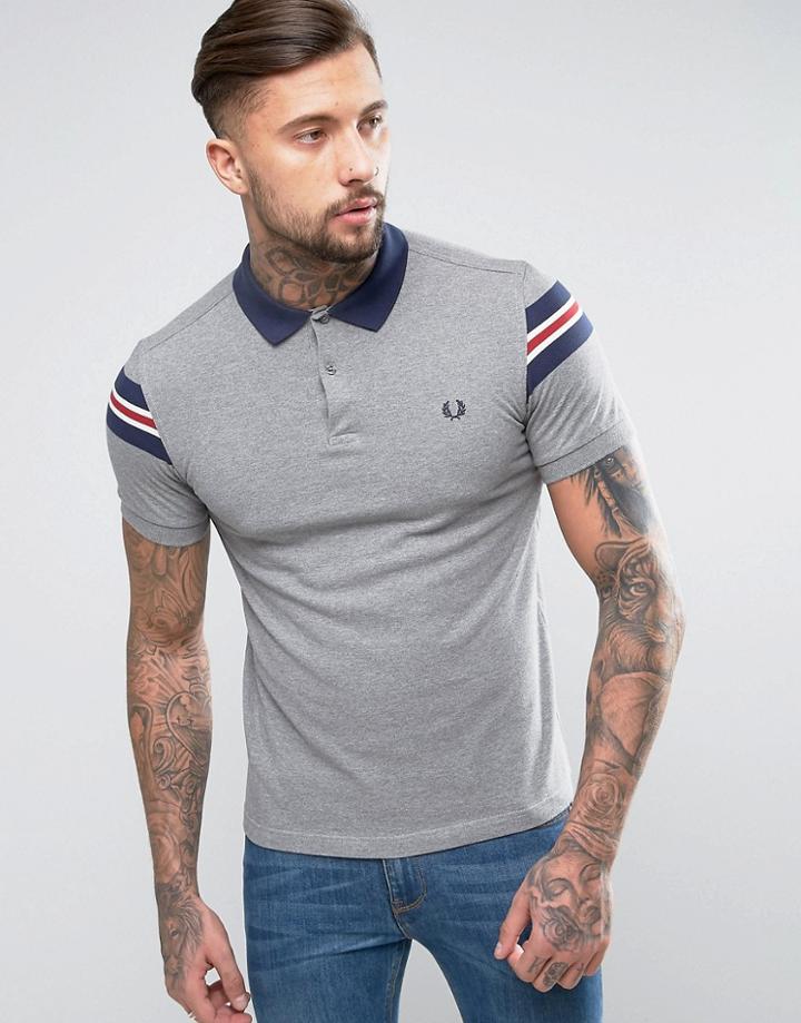 Fred Perry Slim Pique Polo Bomber Stripe Sleeve In Gray Marl - Gray