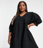 Asos Design Curve Frill V Neck Button Through Mini Smock Dress In Black