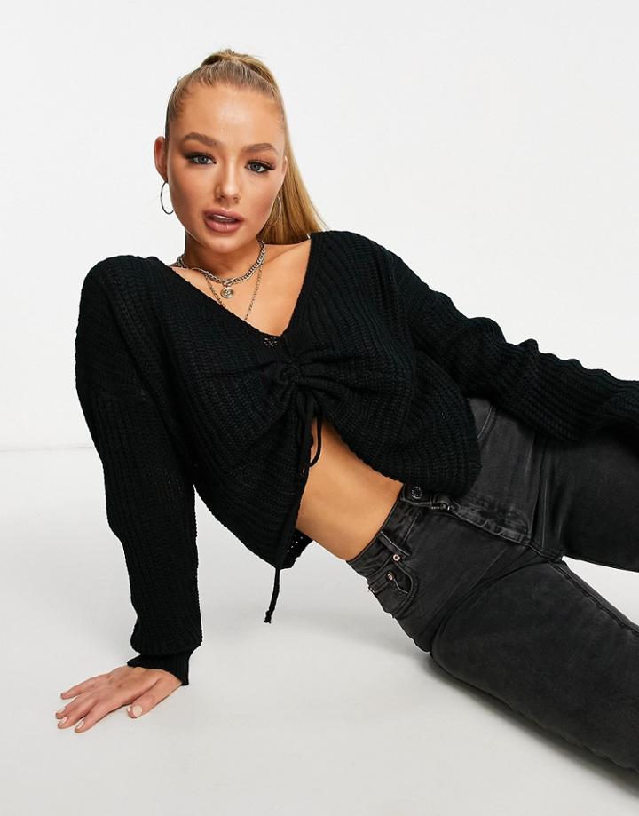 Parisian Tie Front Slouchy Sweater In Black