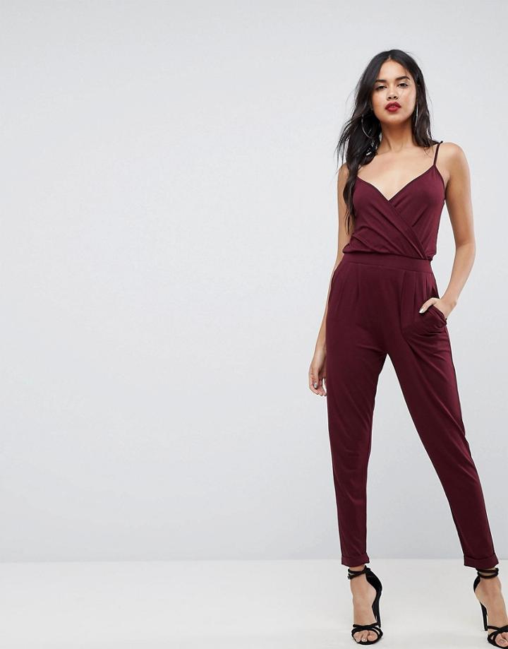 Asos Cami Wrap Front Jersey Jumpsuit With Peg Leg - Red