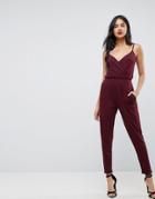 Asos Cami Wrap Front Jersey Jumpsuit With Peg Leg - Red