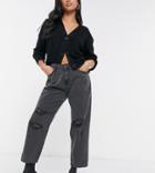 Noisy May Petite Brooke Dad Jeans With Rips In Washed Black Denim