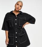 Lola May Plus Shirt Dress With Tie Waist And Contrast Stitch In Black