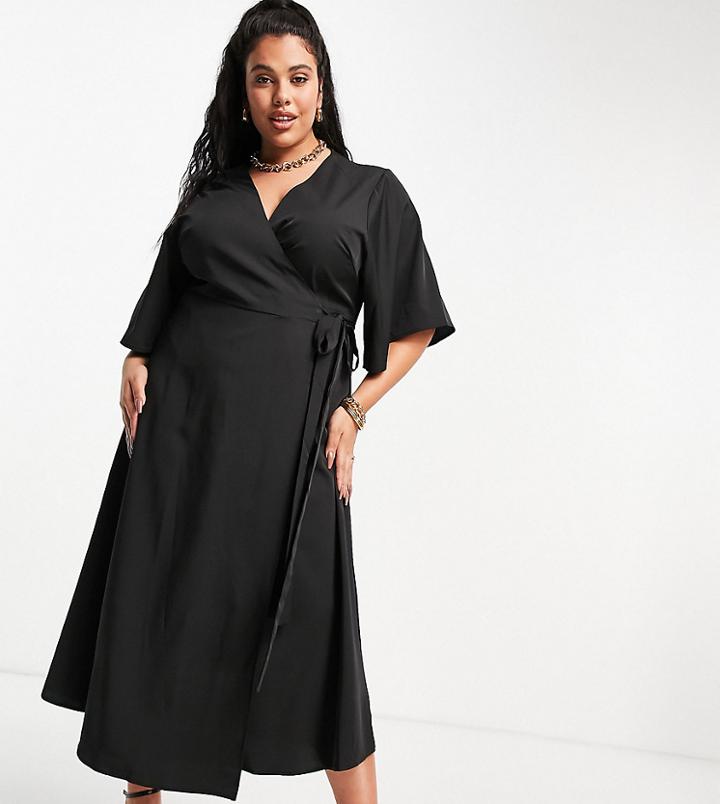 Liquorish Curve Wrap Midi Dress In Black