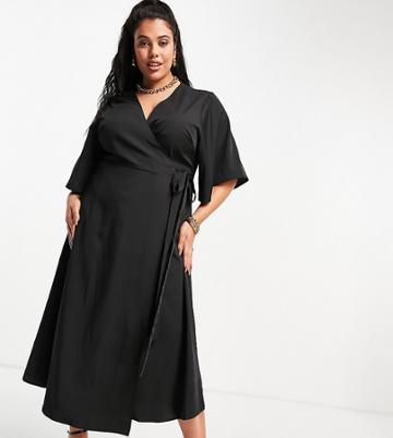Liquorish Curve Wrap Midi Dress In Black