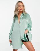 Asos Design Oversized Satin Shirt With Tie Cuff Detail In Jade Green
