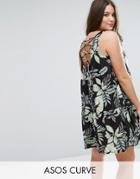 Asos Curve Sleeveless Smock Sundress With Lace Up Back In Palm Print - Red