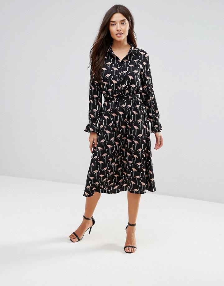 Liquorish Flamingo Print Shirt Midi Dress - Black