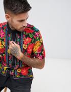 Asos Design Regular Fit Floral Shirt With Border In Black - Black