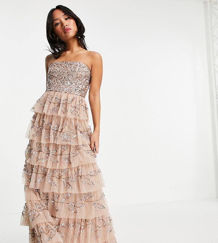 Maya Petite Bandeau All Over Embellished Tiered Maxi Dress In Taupe Blush-pink