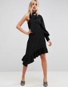 Asos One Sleeve Scarf Neck Tie Midi Tea Dress - Black