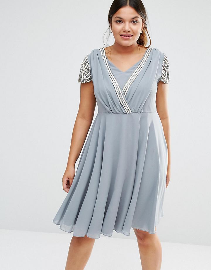 Lovedrobe Luxe Short Sleeve Midi Dress With Embellished Sleeves And Wrap Front Detail - Gray