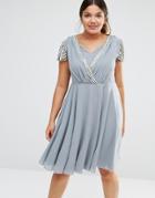 Lovedrobe Luxe Short Sleeve Midi Dress With Embellished Sleeves And Wrap Front Detail - Gray