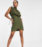 Asos Design Petite Cowl Neck Blouson Mini Dress With Twist Skirt In Khaki-green