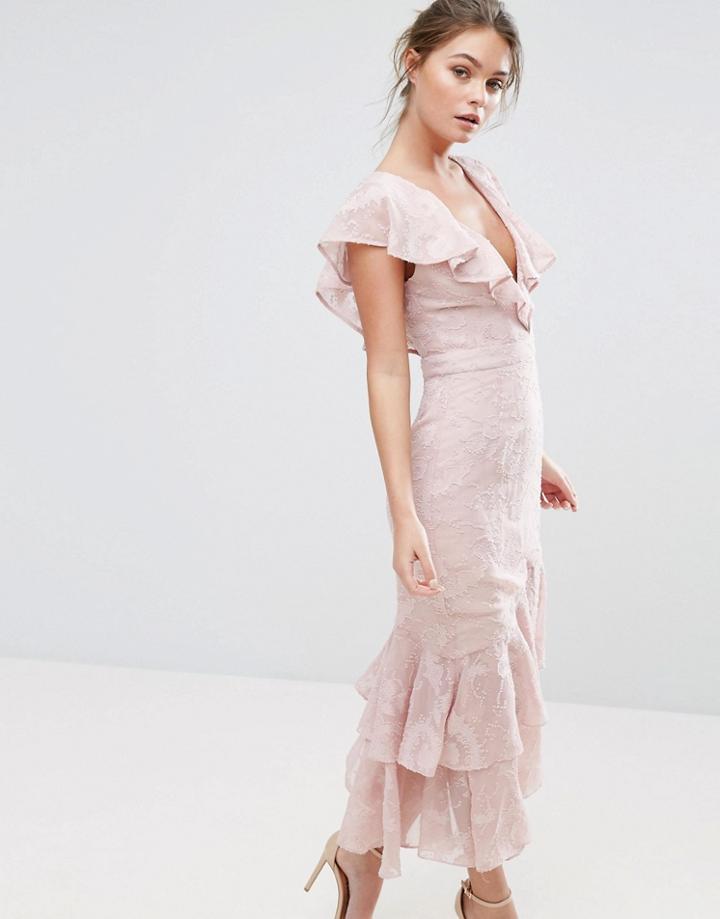 Dark Pink Burn Out Midi Dress With Ruffle Sleeve And Hem - Pink