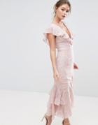 Dark Pink Burn Out Midi Dress With Ruffle Sleeve And Hem - Pink