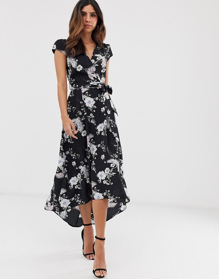 Ax Paris Floral Print Wrap Midi Dress - Black