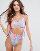 Asos Colorful Marble Print Tie Side High Leg Swimsuit - Multi