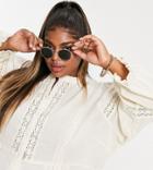 Only Curve Blouse With Lace Inserts And Volume Sleeves In Cream-white