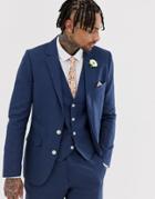 Gianni Feraud Wedding Slim Fit Linen Plain Jacket - Navy