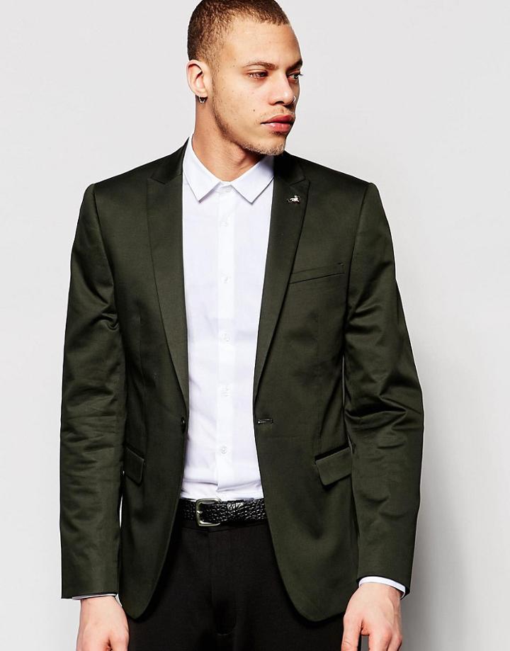 Asos Skinny Fit Blazer In Cotton - Khaki