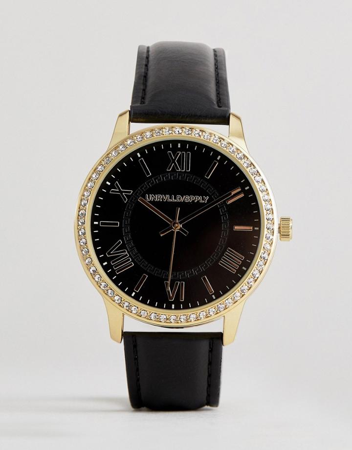 Asos Design Watch In Black And Gold With Roman Numerals And Crystals - Black