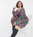 Asos Design Curve Midi Long Sleeve Tier Hem Dress In Bright Floral-multi