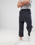Asos Design Oversized Tapered Pants In Navy Stripe With Elasticated Waist - Navy