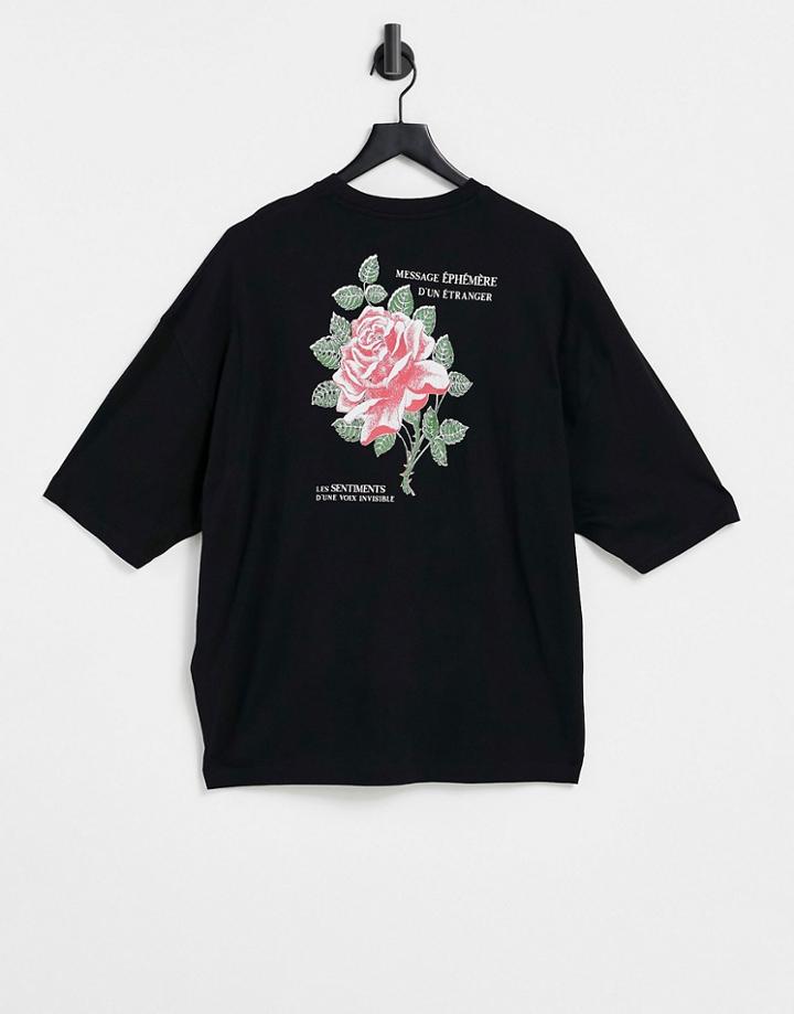 Asos Design Oversized T-shirt In Black With Back Flower Print