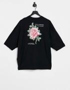 Asos Design Oversized T-shirt In Black With Back Flower Print