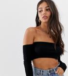 Asos Design Petite Long Sleeve Off Shoulder Rib Super Crop Top In Black - Black