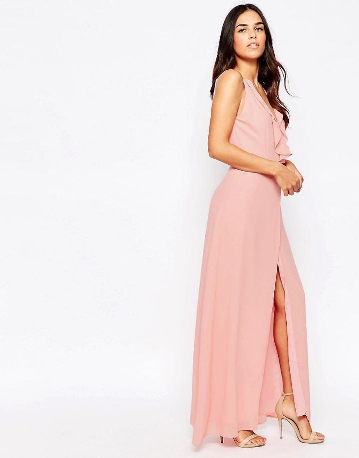 Jarlo Maxi Dress With Frill Detail And Front Split - Pink