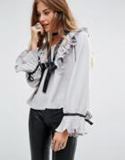 Navy London Long Sleeve Blouse With Ruffle Collar And Tie Neck Detial - Gray