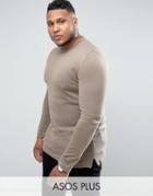 Asos Plus Muscle Fit Longline Sweater With Side Zips In Oatmeal - Beige