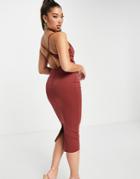 Asos Design Cowl Neck Strappy Back Body-conscious Pencil Midi Dress In Chocolate-multi