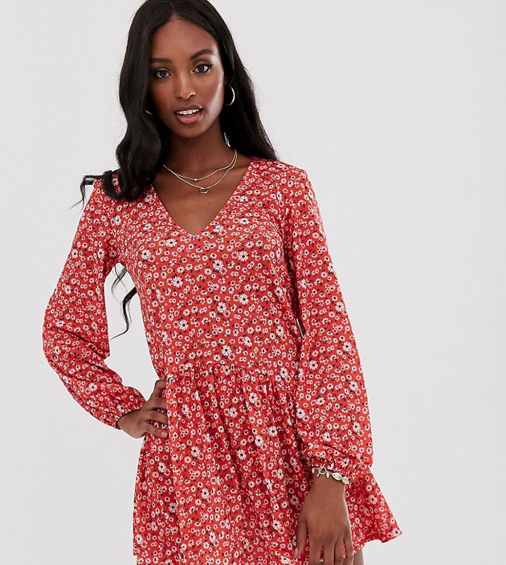 Asos Design Tall Mini Textured Smock Dress In Floral Print - Green