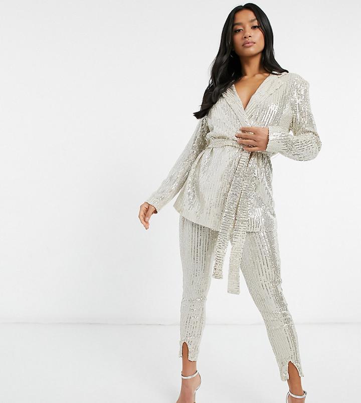 Asos Design Petite Jersey Wrap Suit Blazer In Sequin-silver