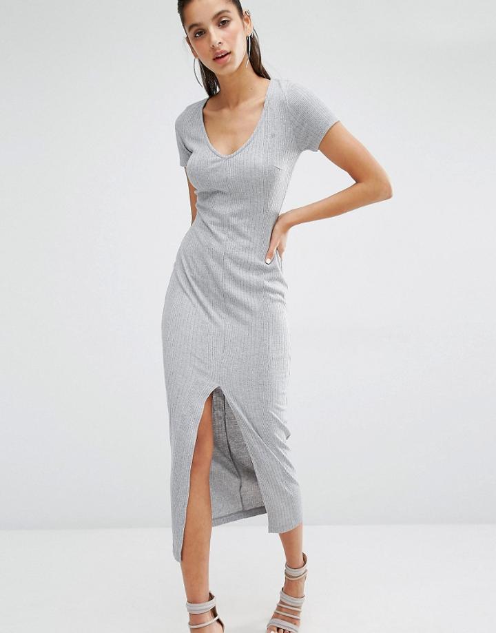 Parallel Lines V Neck T-shirt Maxi Dress In Soft Rib With Front Split - Gray