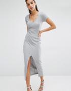 Parallel Lines V Neck T-shirt Maxi Dress In Soft Rib With Front Split - Gray
