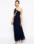 Elise Ryan Pleated One Shoulder Maxi Dress With Crochet Applique Trim - Navy