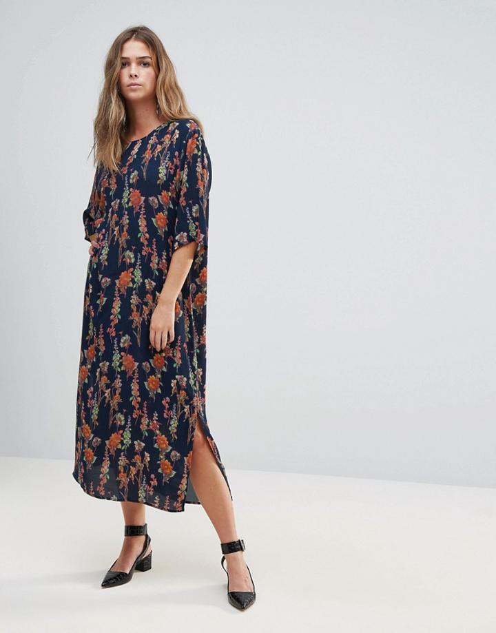 Just Female Tia Floral Print Slit Shift Dress - Navy