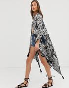 Asos Design Mono Print Kimono Cape With Tassels-black